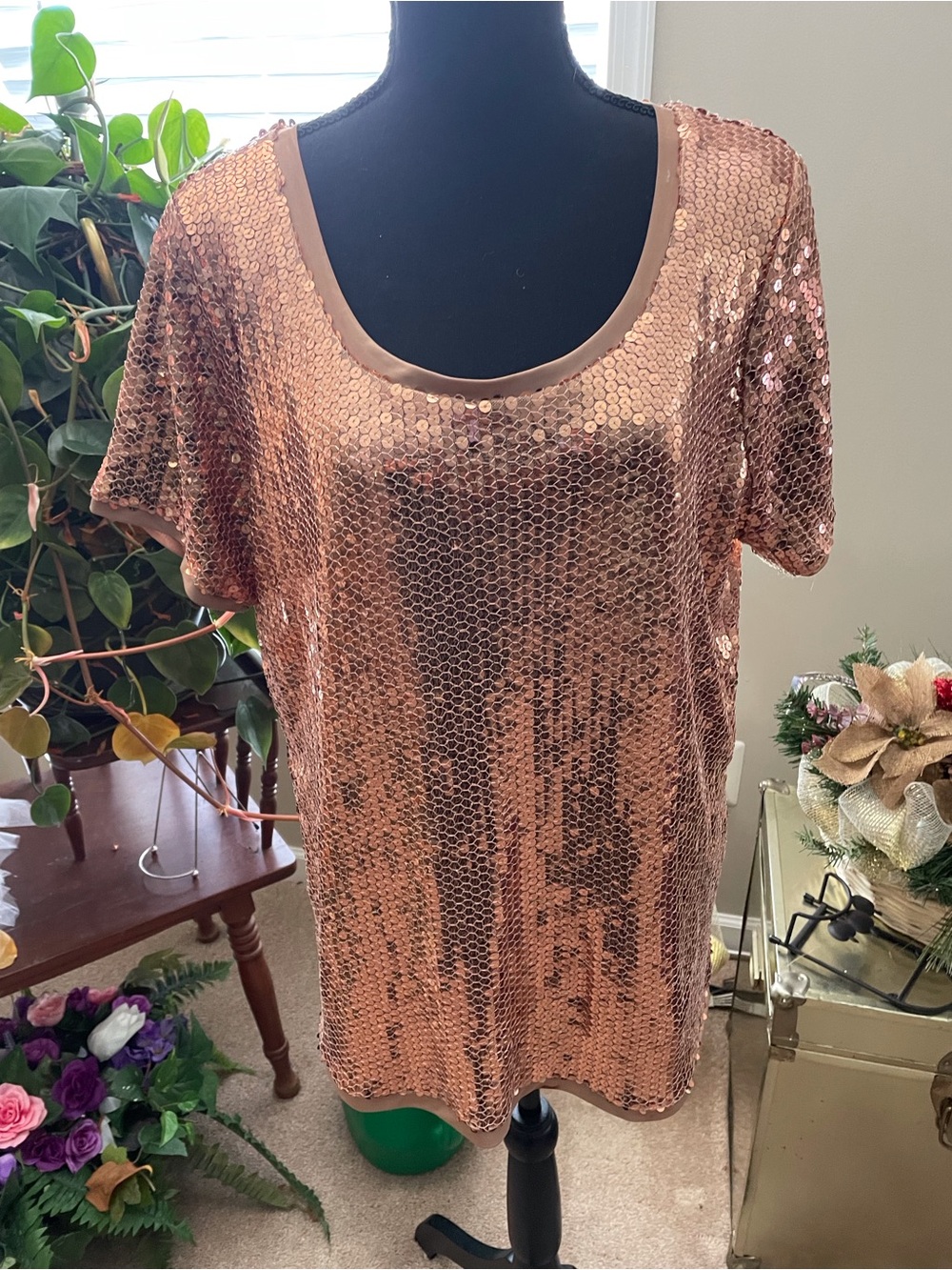 august silk Rose Gold Sequin Short Sleeve Scoop Neck Top